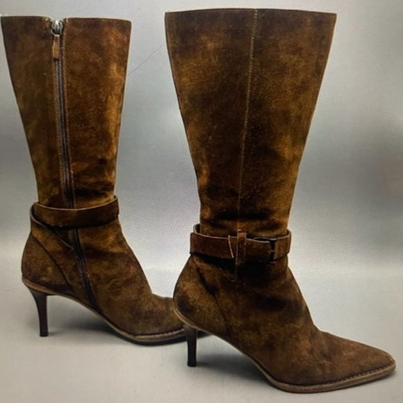 Authentic Gucci Brown Suede Mid Calf Boot Mid Heel With Buckle Size 6 - 3" Heel - Picture 1 of 10
